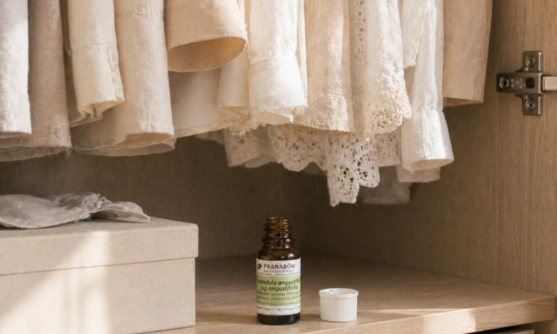 クローゼットの中に置かれた精油の空き瓶とナチュラルな洋服